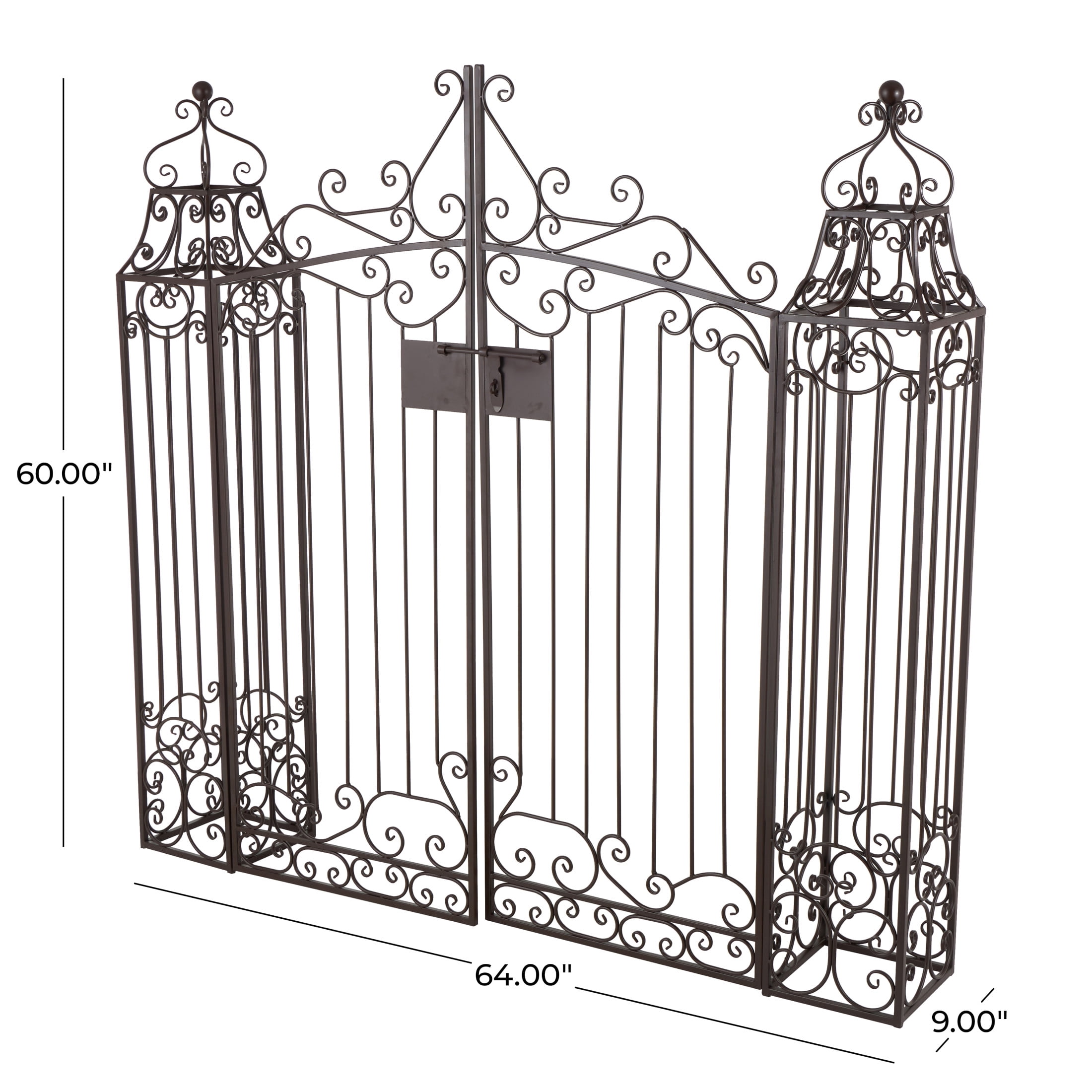 DecMode 60" Indoor Outdoor Arched Gate Dark Brown Metal Scroll Garden Arbor with Latch Lock Closure