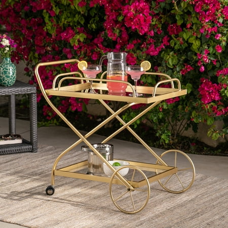 - Outdoor Traditional Iron and Glass Bar Cart, Gold