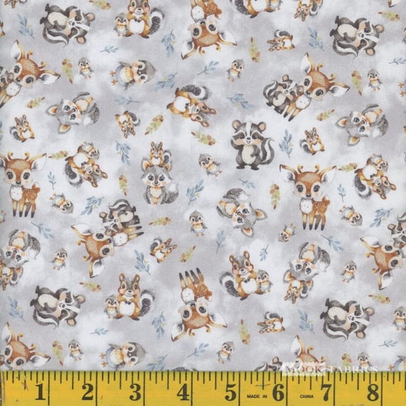 Cotton Fawn and Friends Woodland Animals Deer Raccoon Squirrel Birds Mook Fabrics Gray Cotton Fabric Print by the Yard (138919)