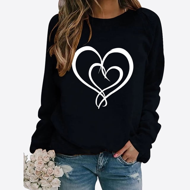 Jsaierl Hauts de la Saint-Valentin pour Femmes T-Shirts Mignons à Imprimé Cœur d'Amour Décontractés à Manches Longues T-Shirts Tendance à Col Rond Blouses 2025