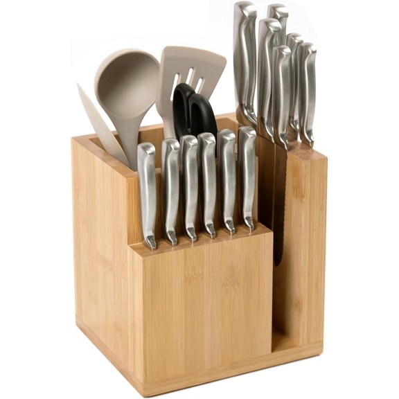 KitchenEdge Bamboo Magnetic Knife Block and Cooking Utensil Holder, Sleek Storage for Chefs Knives, Steak Knives, Spatulas, Scissors, Non-Slip Rubber Feet, Easy to Clean, Kitchen Countertop Organizer
