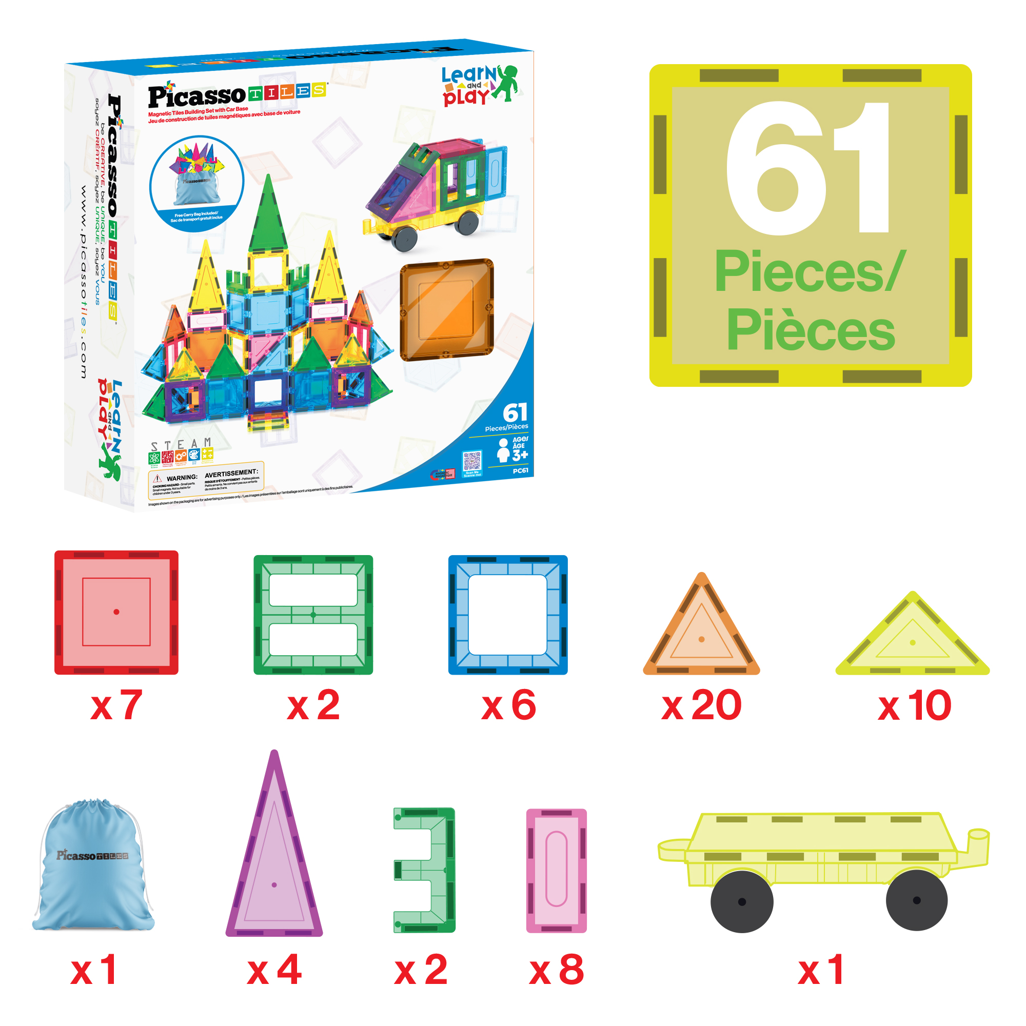 PicassoTiles 61-Piece Magnetic Tiles Building Set photo 4