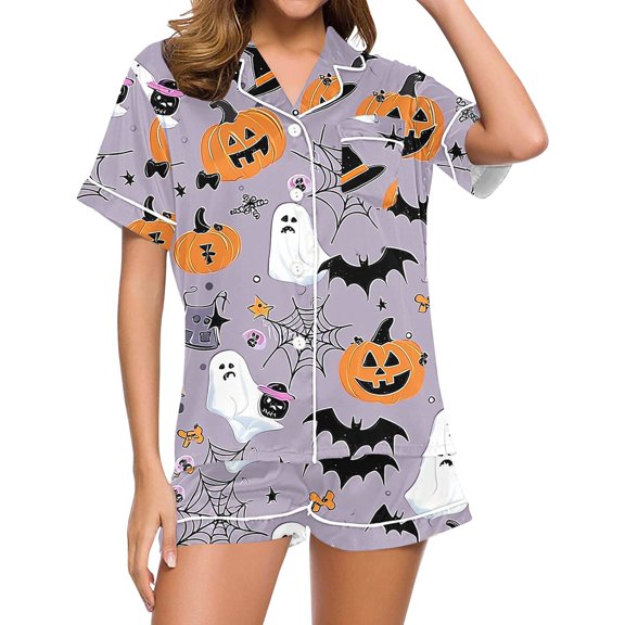 Xdegoge Womens Halloween Pajamas Set Short Sleeve Sleepwear Fashion Print Button Down Loungewear Shorts Pjs Cute Nightwear Elastic Waist Casual Comfy Set