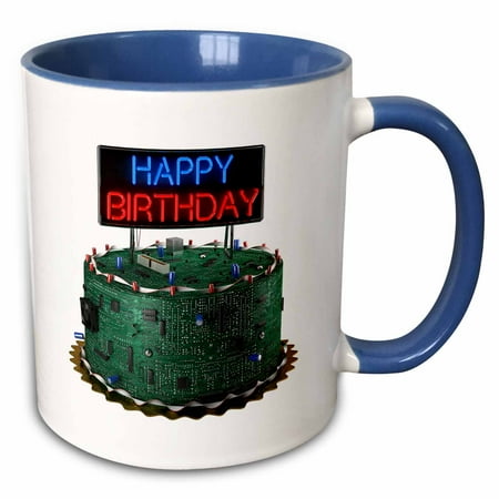 Gecko Circuit Board - 3dRose Happy birthday cake for geek geeks circuit board - Two Tone Blue Mug, 11-ounce