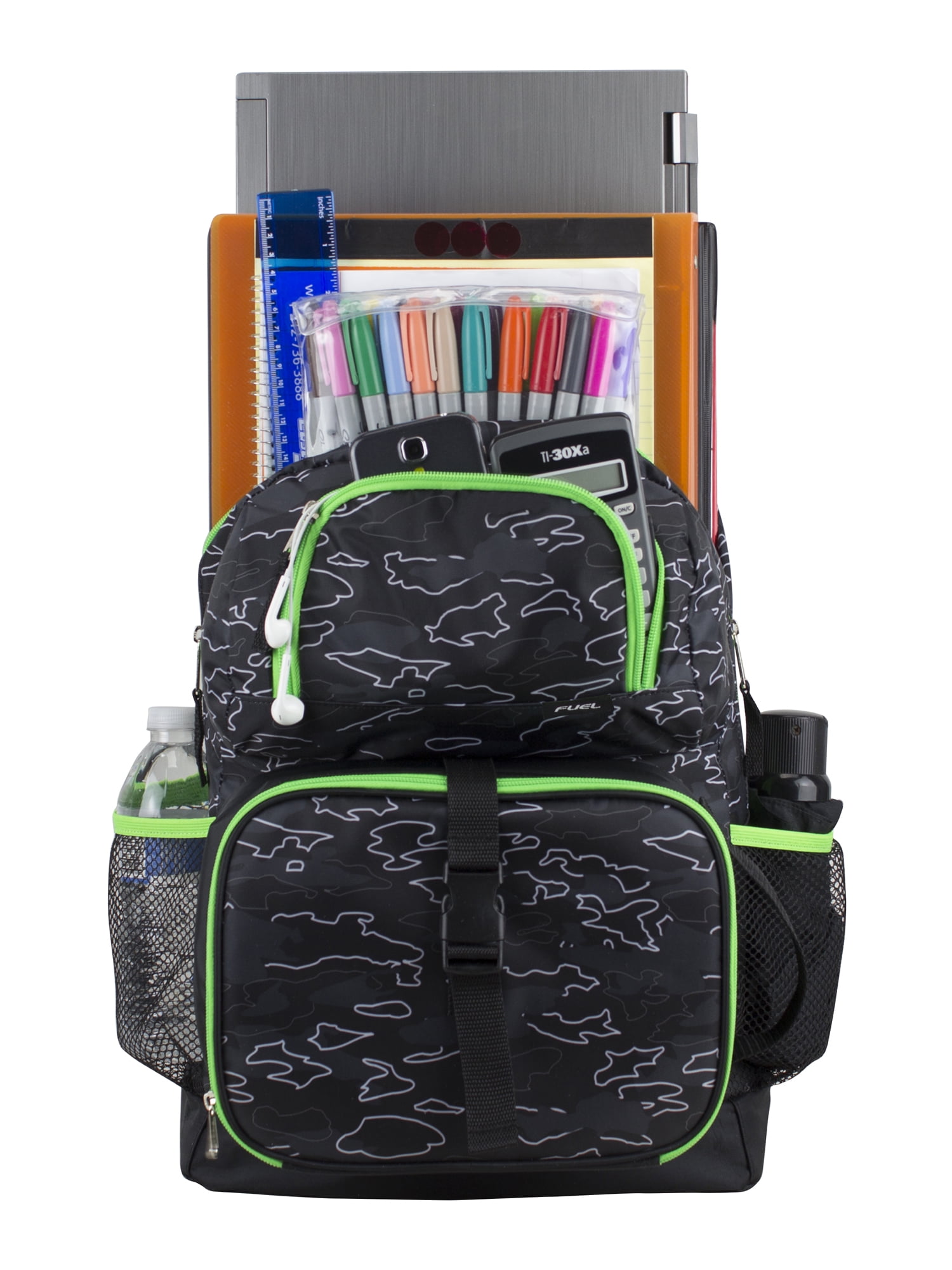 Fuel Unisex 4-Piece Combo Backpack with Lunch Box, Storage Case and Shoe Pouch, Midnight Neon Camoflauge