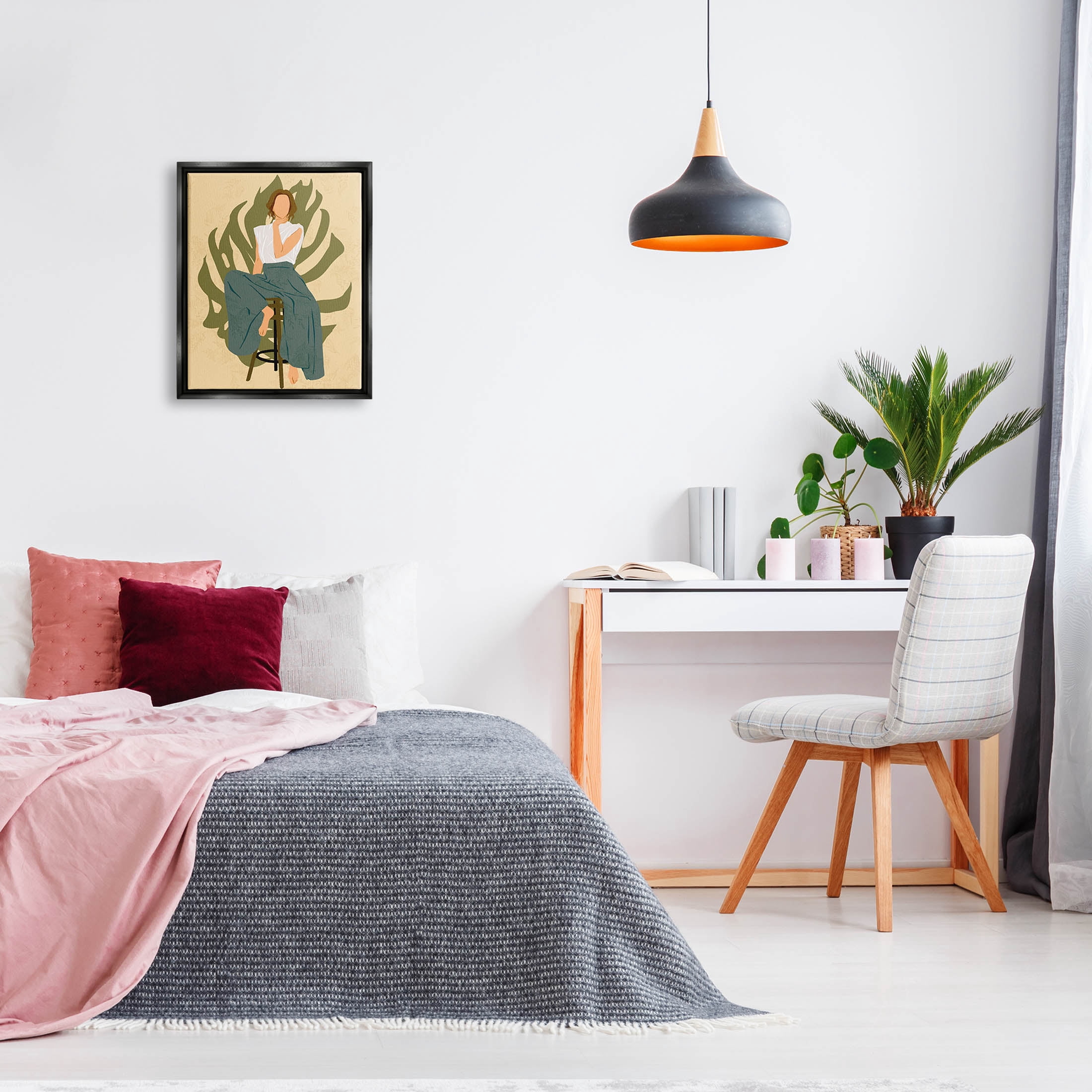 Boho Woman Sitting Plant Leaf Botanical & Floral Graphic Art Jet Black Framed Art Print Wall Art