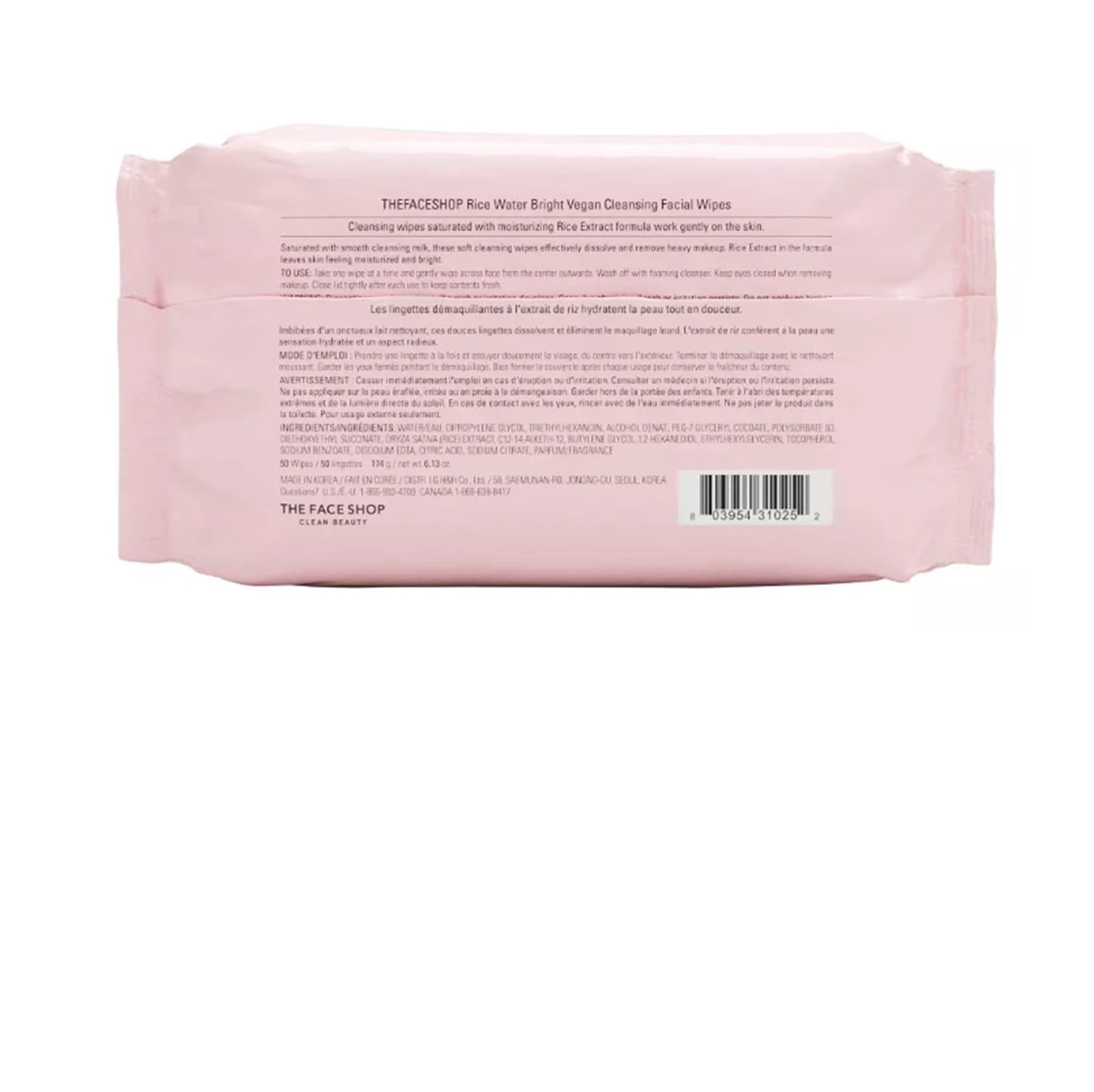 The Face Shop Rice Water Bright Vegan Cleansing Makeup Remover Wipes, 50ct