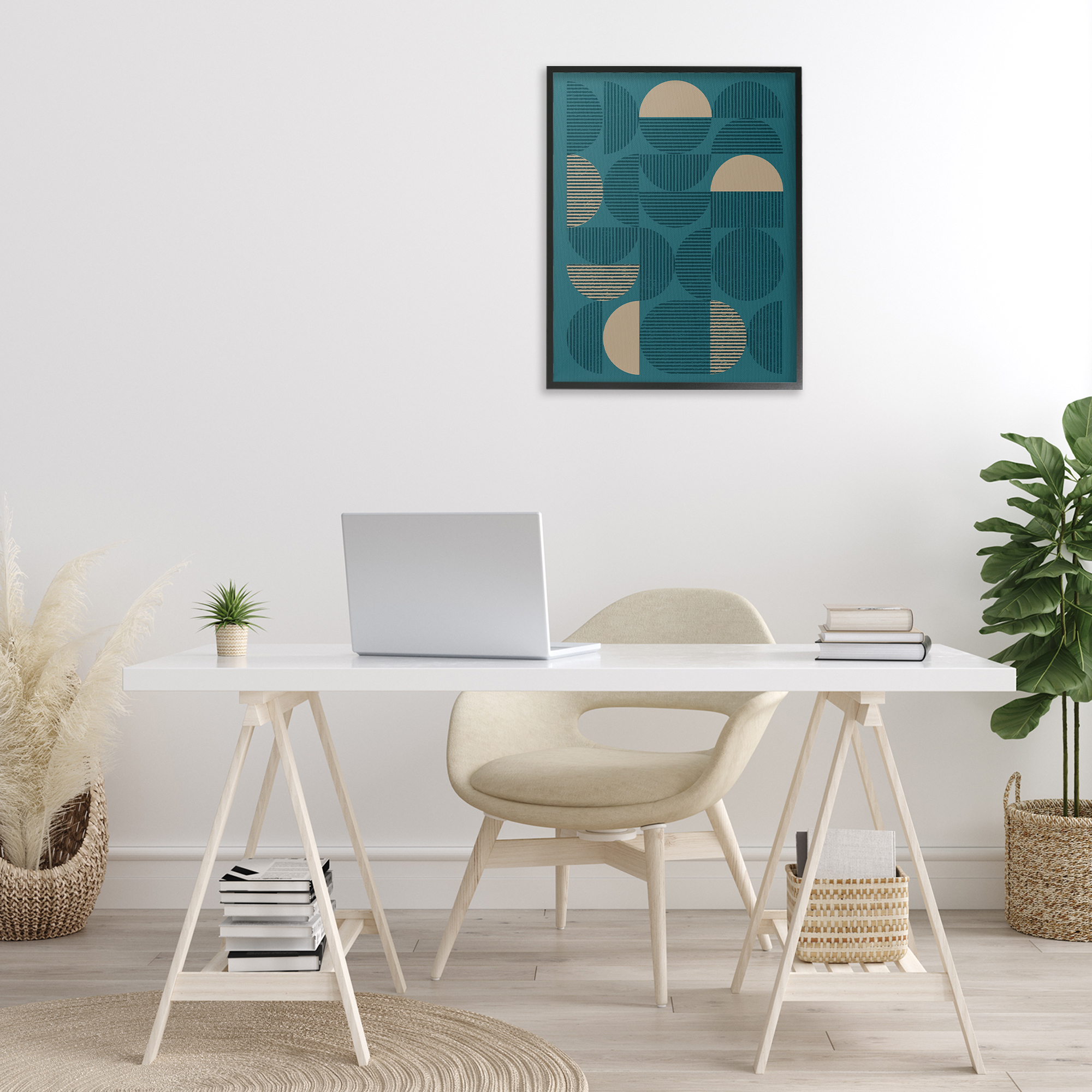 Stupell Industries Deco Arches Blue & Beige Abstract Painting Black Framed Art Print Wall Art, 24 x 30