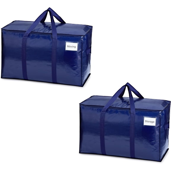 VENO 2 Pack XL Heavy Duty Foldable College Packing Moving Storage Zipper Bag W/ Reinforced Structure Alternative to Moving Box (Blue)
