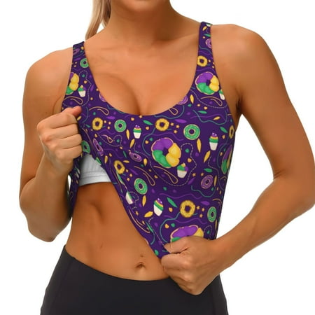 Qokaie Mardi Gras and Donuts Pattern Womens Scoop Neck Sports Bra Breathable Workout Vest Padded U Back Medium Impact Fitness Gym Yoga Bra Workout Crop Top