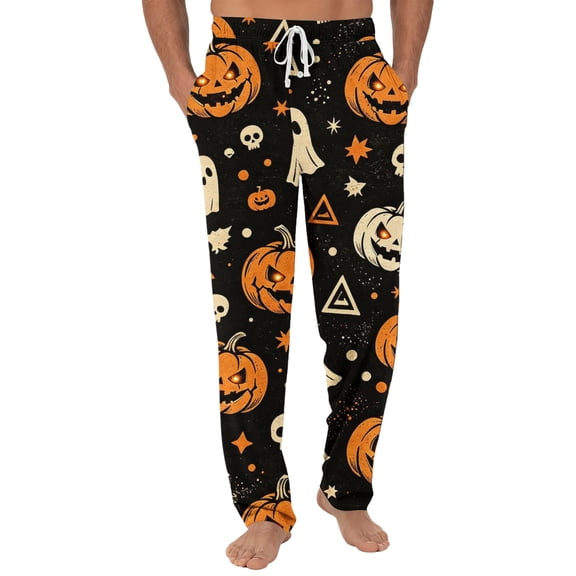 Domzest Mens Halloween Pajama Pants Pumpkin Ghost Bat Graphic Wide Leg Sleepwear Drawstring Elastic Waisted Funny Pj Bottoms Yellow XXXL