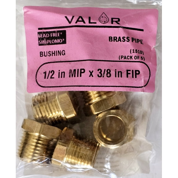 5 Pack- Valor 1510-5P Brass 1/2 in MIP x 3/8 in FIP Reducer Bushing for Fuel/Air/Water/Boat/Gas/Oil