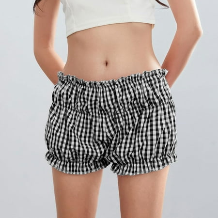 Susanny Y2k Boxer Shorts Women Lolita Bloomers Plaid Sexy Ruffle Bottoms Low Waist Pajamas Lounge Sleep Pj Mini Pants Black 2XL