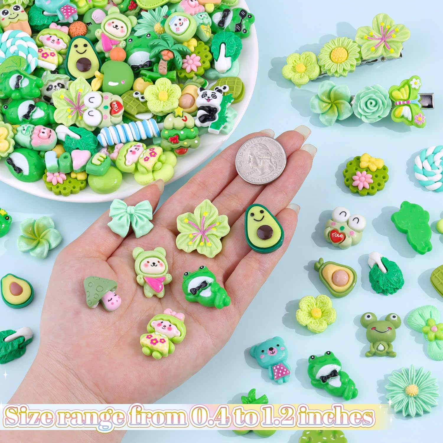 MEC 100Pcs Green Slime Charms Assorted Cute Decoden Embellishments, Kawaii Slime Accessories,Candy Heart Bear Bulk Flatback Resin Charm for Phone Junk Cases,Scrapbooking Crafting & DIY Decoration