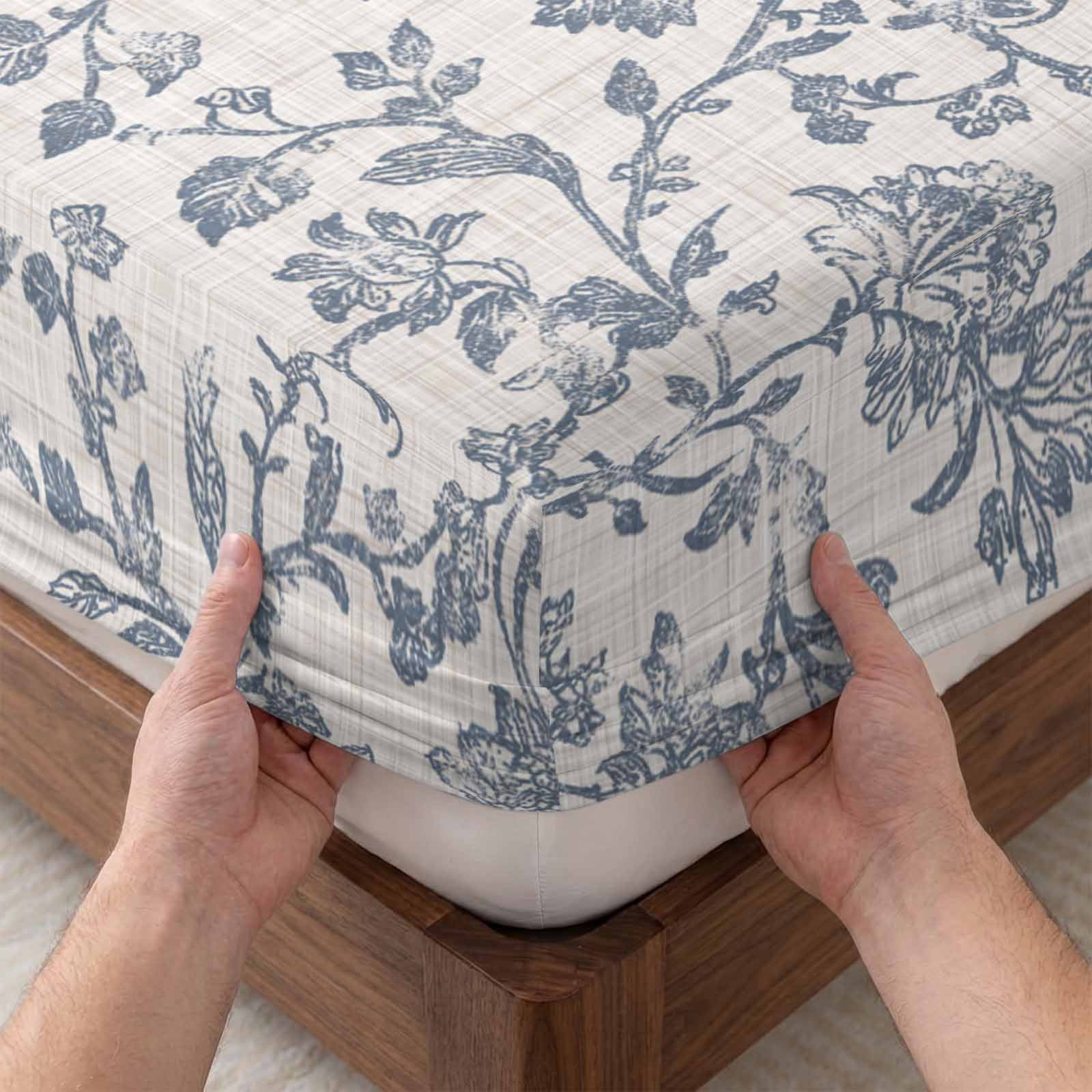 King Size Fitted Sheet Set - Farmhouse Blue Floral 3 Piece Bedding Sets 16" Deep Pocket Fitted Sheet with 2 Pillowcases, Vintage Botanical Leaves Burlap Brushed Microfiber Hotel Luxury Bed Sheets