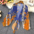 thumbnail image 6 of Retro Floral Chiffon Cardigans Womens Tie Front Sheer Cardigan Cover Ups Lightweight Lantern Sleeve Elegant Shirt Tops Blue, 2XL, 6 of 6