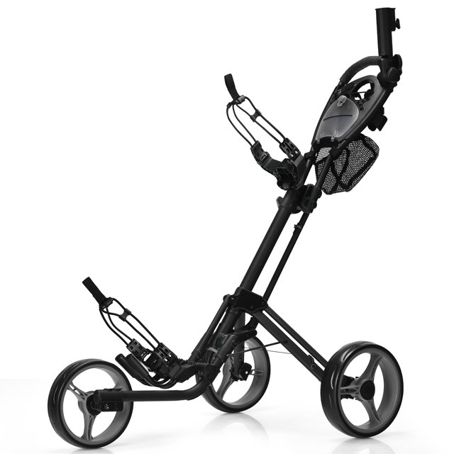 Goplus Folding 3 Wheels Golf Push Cart W/Brake Scoreboard Adjustable Handle Grey