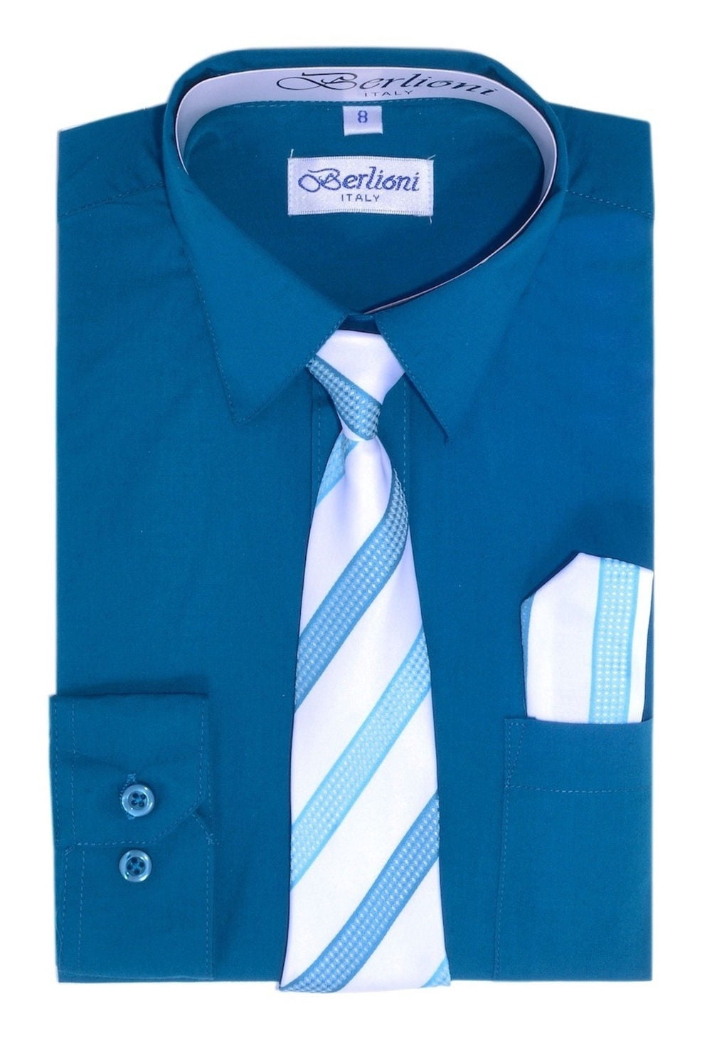 Berlioni Kids Boys Long Sleeve Dress Shirt With Tie and Hanky Teal