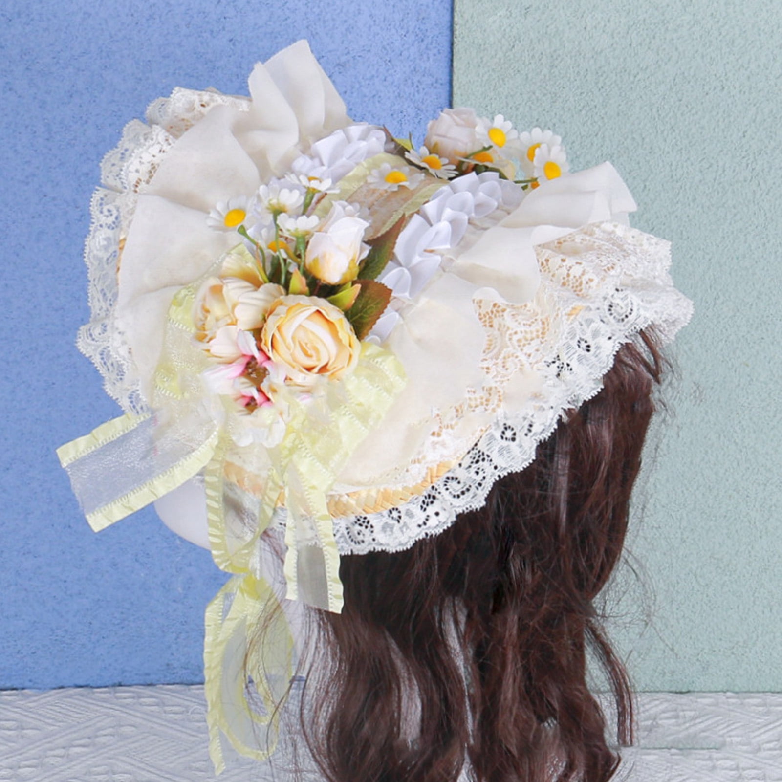 Breathable Straw Bonnet Hat Comfortable Victorian Theme Fascinator Hat With Lace Trim and Flower For Cosplay Gatherings