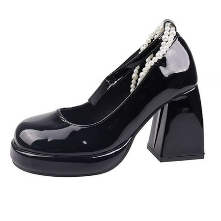 CHOII Promotion! Women s Summer High Heel Sandals Buckle Fashion High Heels Shoes Pearl Pendant Round Head Ankle Strap Sweet Mary Jane Shoes for Cute Ladies Girly Heart Black/6