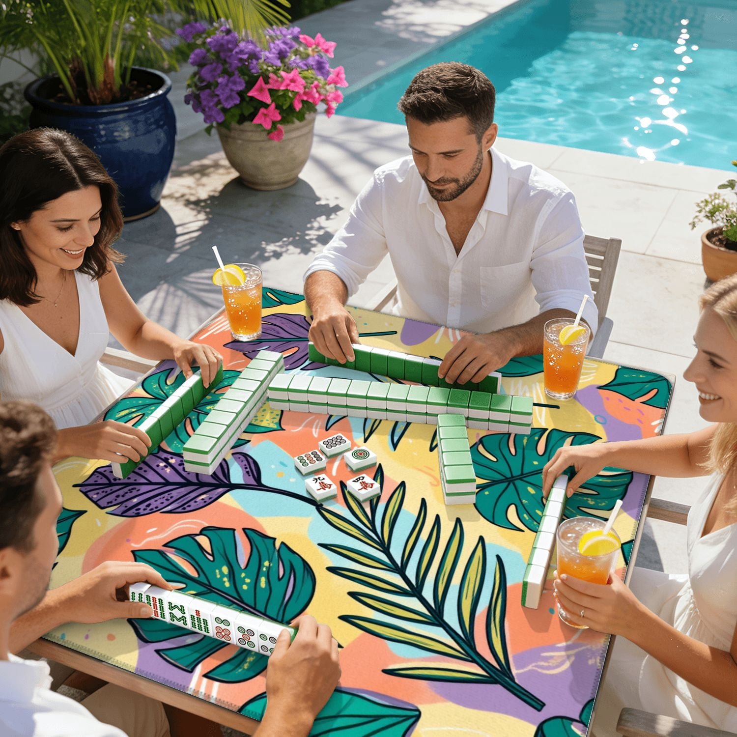 Mahjong Mat 31.5" x 31.5" tropical multicolored hand drawn elements funny tropical leaves for Non-Slip Noise Reduction American Mahjong Tiles Table Cover for Dominoes Poker Card Board Games Gift