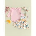 thumbnail image 2 of Infant Baby Girl Easter 3Pcs Outfit Long Sleeve Romper with Carrot Print Bunny Embroidery Overall Dress and Bow Headband, 2 of 9