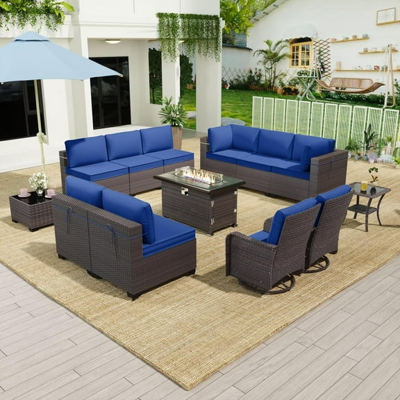 ALAULM 13-piece Wicker Outdoor Patio Conversation with Sectional Sofa and Rocking Chair, Navy Blue