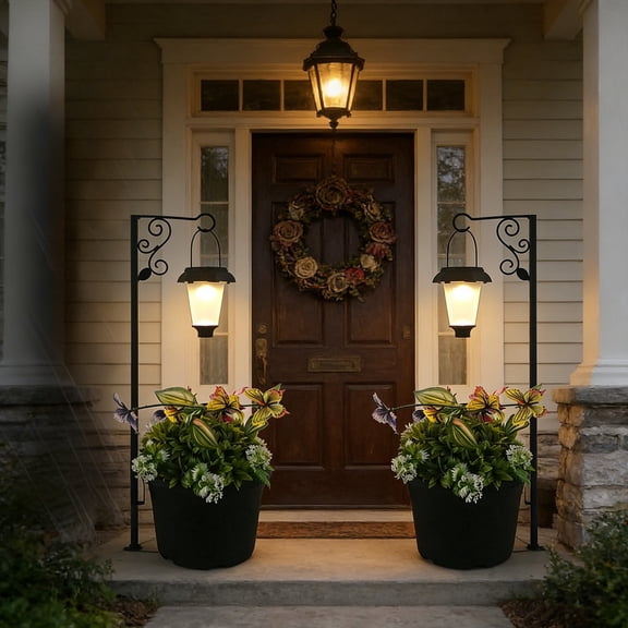 Rijanmt Outdoor Solar Hanging Lamp with Planter and Stand,2 In 1 Set,7.8" Dia Flower Pot,14.5" H Solar Powered Post Light,Wall Mount Or Freestanding,Ip65 Waterproof,For Lawn, Patio, Front/Back Door