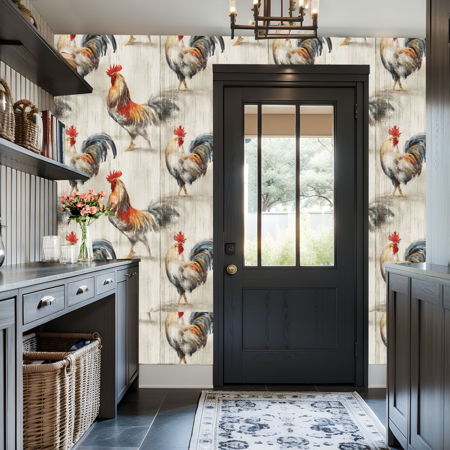 Farmhouse Peel and Stick Wallpaper 17.7in x 9.8ft Colorful Roosters Artistic Brushstroke Style Rustic Wood Contact Paper Vinyl Waterproof Self Adhesive Wall Paper for Bedroom Cabinet Renter Friendly