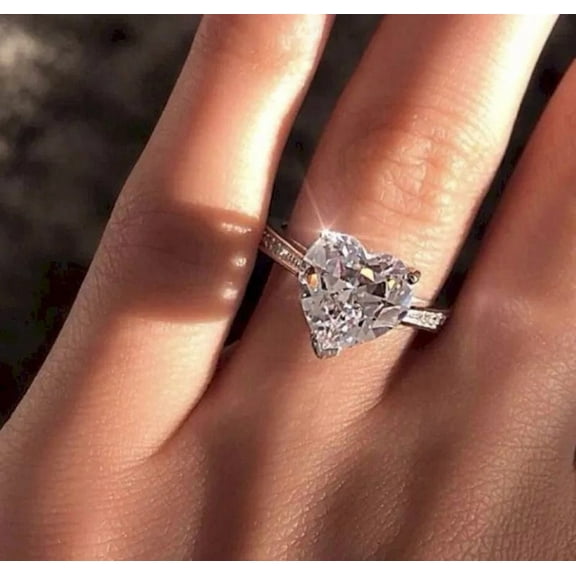 925 Sterling Silver Round Perfect Cut 3ct Single Stone Shiny Heart Rings Cubic Zirconia Promise Love Halo Engagement Wedding Band Eternity Ring for Women (US Code 7)