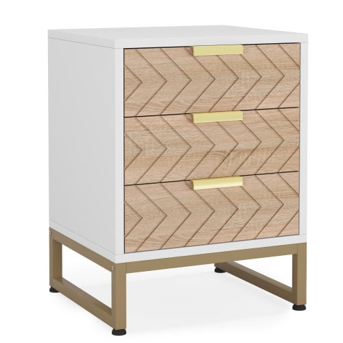 Set of 2 Modern Nightstands with 3 Drawers, 17.7 Inches White and Walnut Bedside Tables with Gold Accents, Stylish Zig Zag Design, Small End Tables for Bedroom, Living Room, or Office