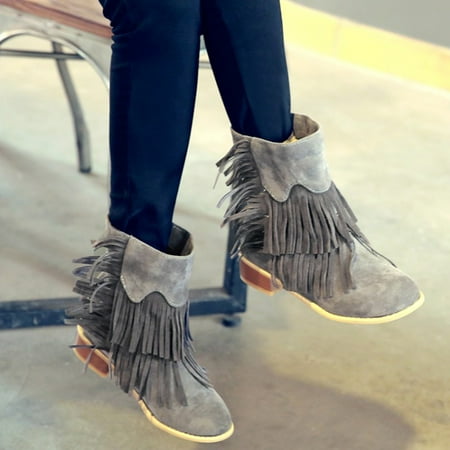 

Midewhik Solid Women s Boots Fashion Retro Tassel Boots Color Suede Slip-On Fashion Flat women s boots