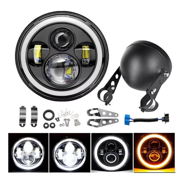 Faro Para Moto Redondo + Carcasa Y Soporte De 7 Pulgadas