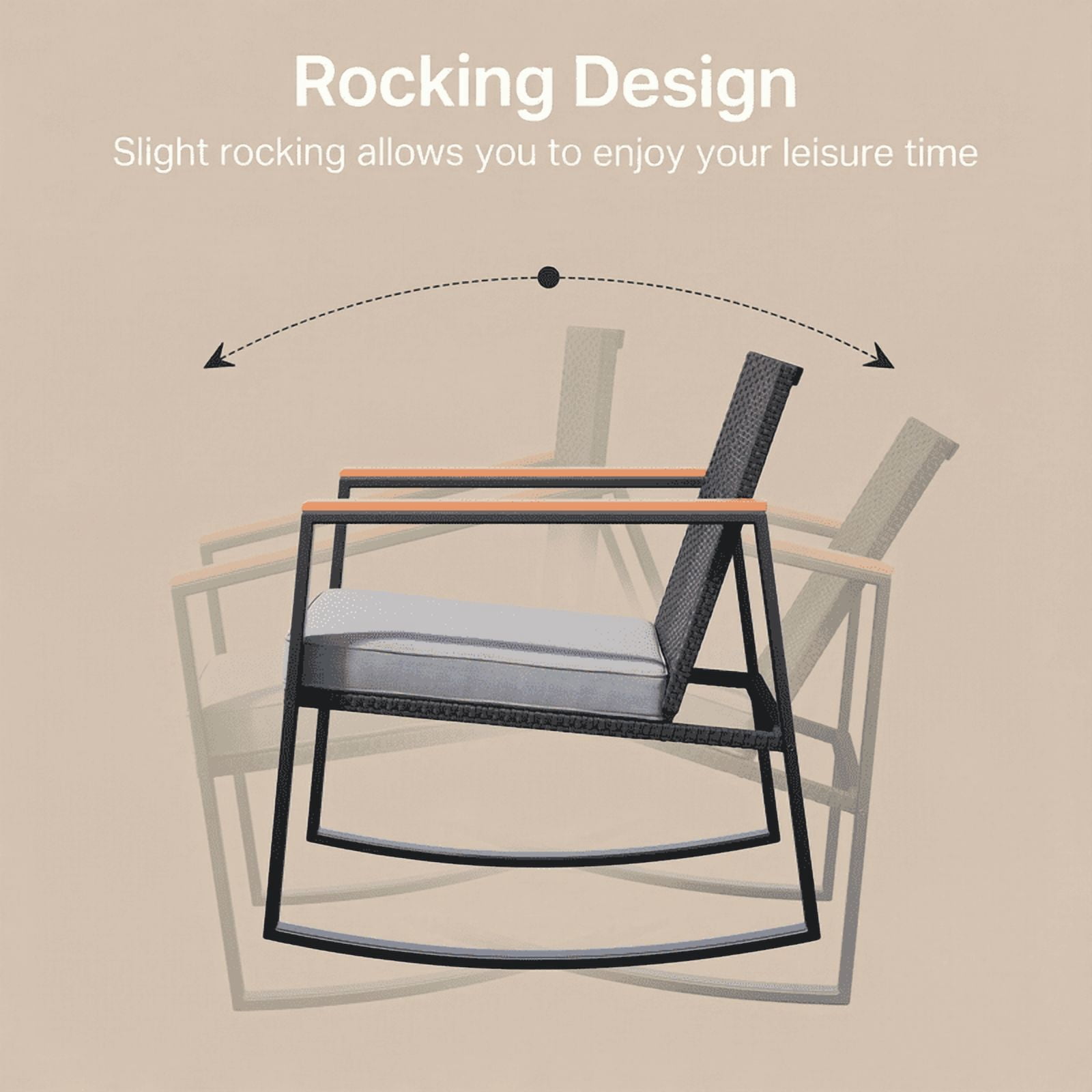 Aiho 3 Pieces Rocking Patio Furniture Set, Wicker Outdoor Chair Set with Coffee Table for Garden, Gray