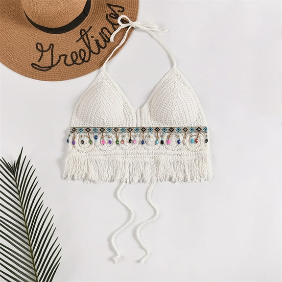 Munlar White Tank Tops for Women 2025 Fringe Camisole Sleeveless Solid Color Strapless Halter Crop Top