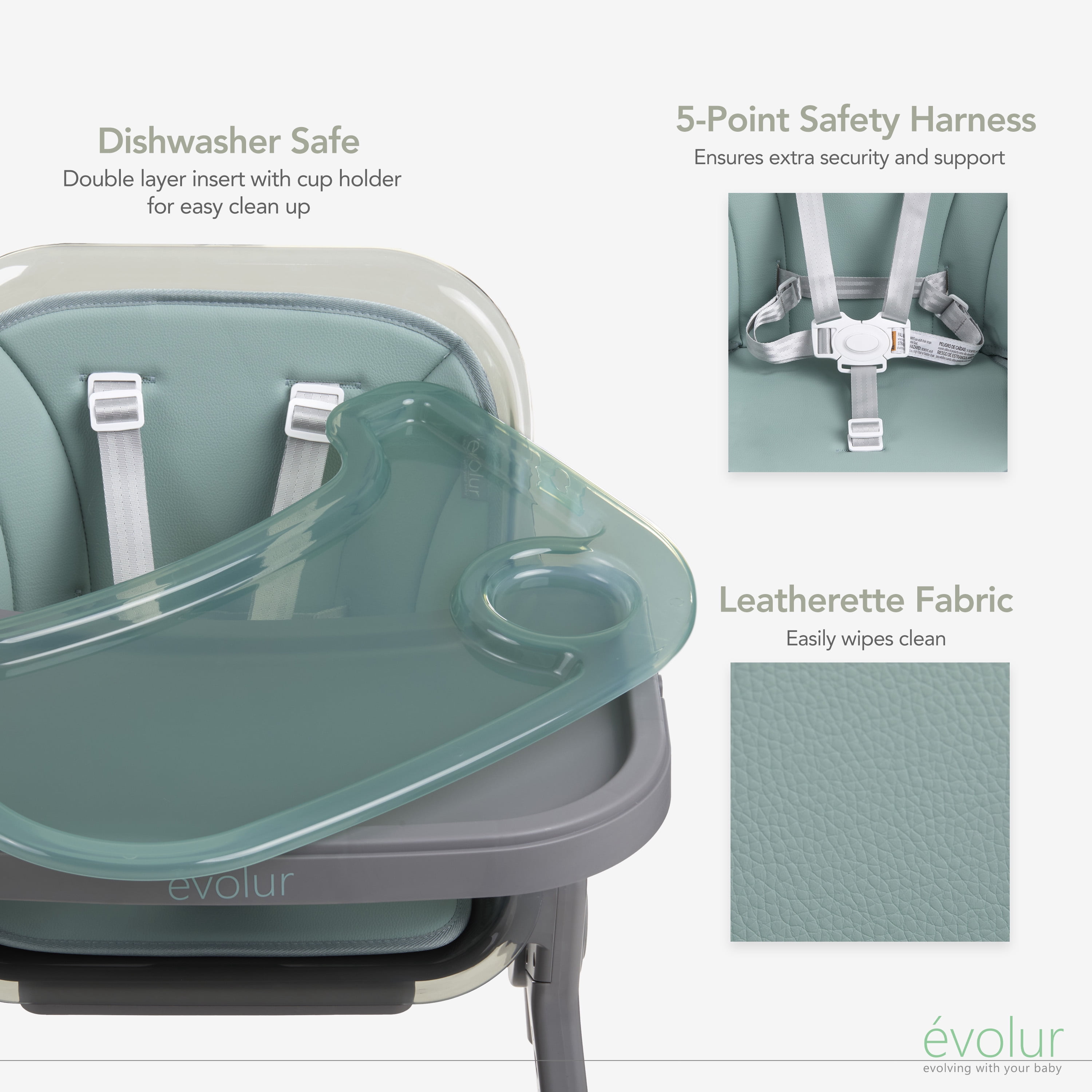Evolur Tiny Throne 2-in-1 Portable High chair in Matcha Green, Baby High Chair Converts into Booster Seat & Adult Stool, Removable Tray and Easy To Clean