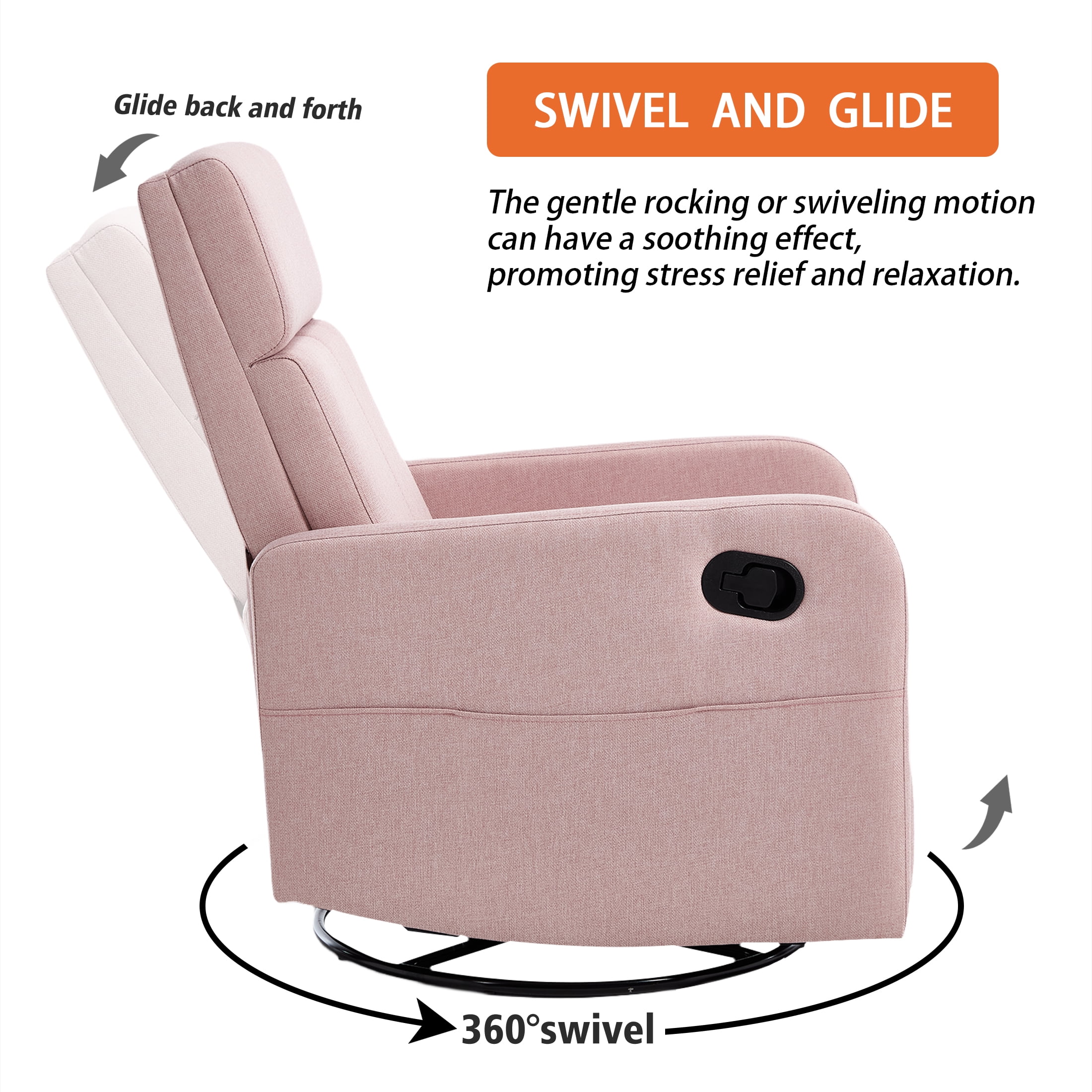 Ketaiyou Swivel Rocking Recliner Chair for Adults, Nursery Glider Chair with Adjustable Headrest, Pink