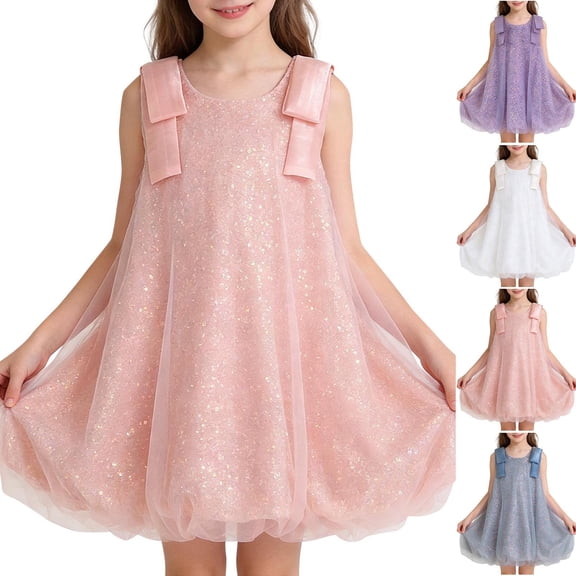 Girls Glitter Dress Sleeveless Crew Neck Bow Strap Midi Dresses Sparky Sequin Trendy Casual Summer Outfits (2-3 Years, Pink)