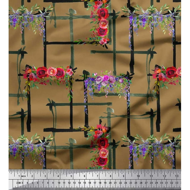 Soimoi Brown Rayon Fabric Geometric & Rose Floral Print Fabric by Yard 56 Inch Wide