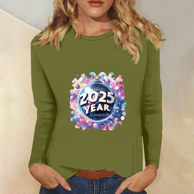 Styesk Chemises à Manches Longues pour Femmes Nouvel An T-shirt Décontracté Imprimé Col Rond Manches Longues