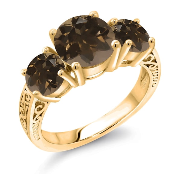 Gem Stone King 18K Yellow Gold Plated Silver Round Brown Smoky Quartz 3-Stone Ring for Women | 3.40 Cttw | Gemstone Birthstone | Wedding Engagement Anniversary Promise Ring for Women| Size 8