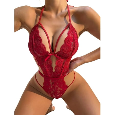 

Frontwalk Ladies Lingerie Floral Bodysuit Deep V Babydoll Women Backless Sleepwear Lace Nightwear Wine Red M