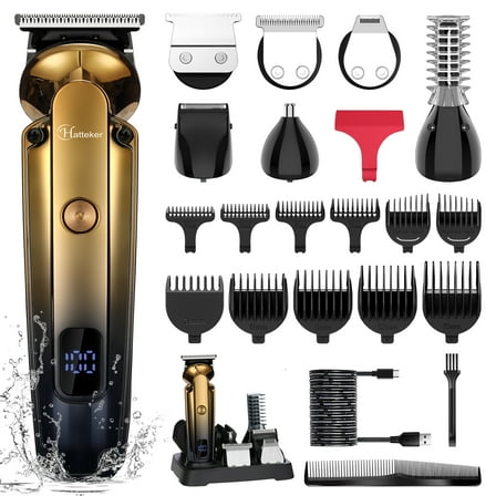 Hatteker 7-in-1 Men's Grooming Kit, Hair Clipper, Beard Trmmer, Cordless Waterproof Trimmer with Nose Ear Trimmer, Gold