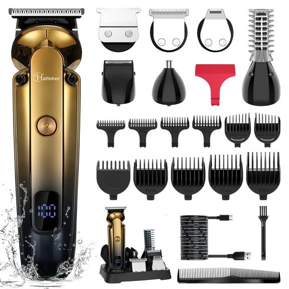 Hatteker 7-in-1 Men's Grooming Kit, Hair Clipper, Beard Trmmer, Cordless Waterproof Trimmer with Nose Ear Trimmer, Gold
