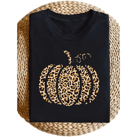 Leopard Print Pumpkin Graphic T‑Shirt, Fall Autumn Casual Short Sleeve Tee for Women