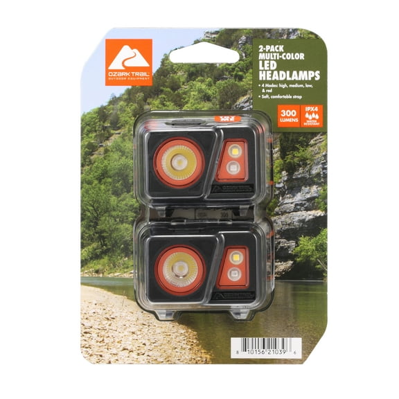 Ozark Trail 300 Lumen Multi-Color LED Headlamp 2-Pack with Red & Green Night Vision, Batteries Included
