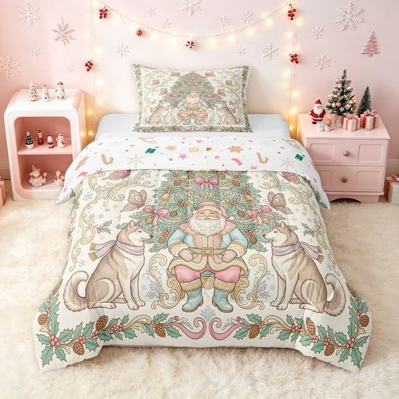 Erosebridal Vintage Santa Twin Comforter Sets, Husky Xmas Tree Bedding Set, White Peach, Christmas Reversible, 2 Pieces, 1 Comforter and 1 Pillowcase