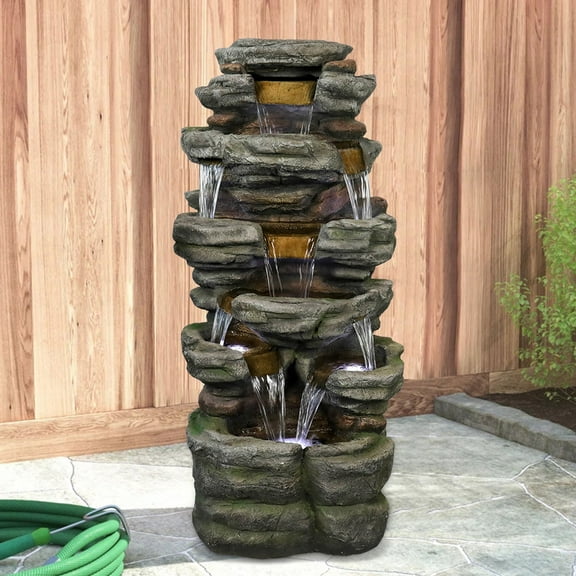 Willwolfer Rockery Outdoor Floor Water Fountain with Light LED 47.2" High Cascading Waterall for Yard Garden Patio Deck Home