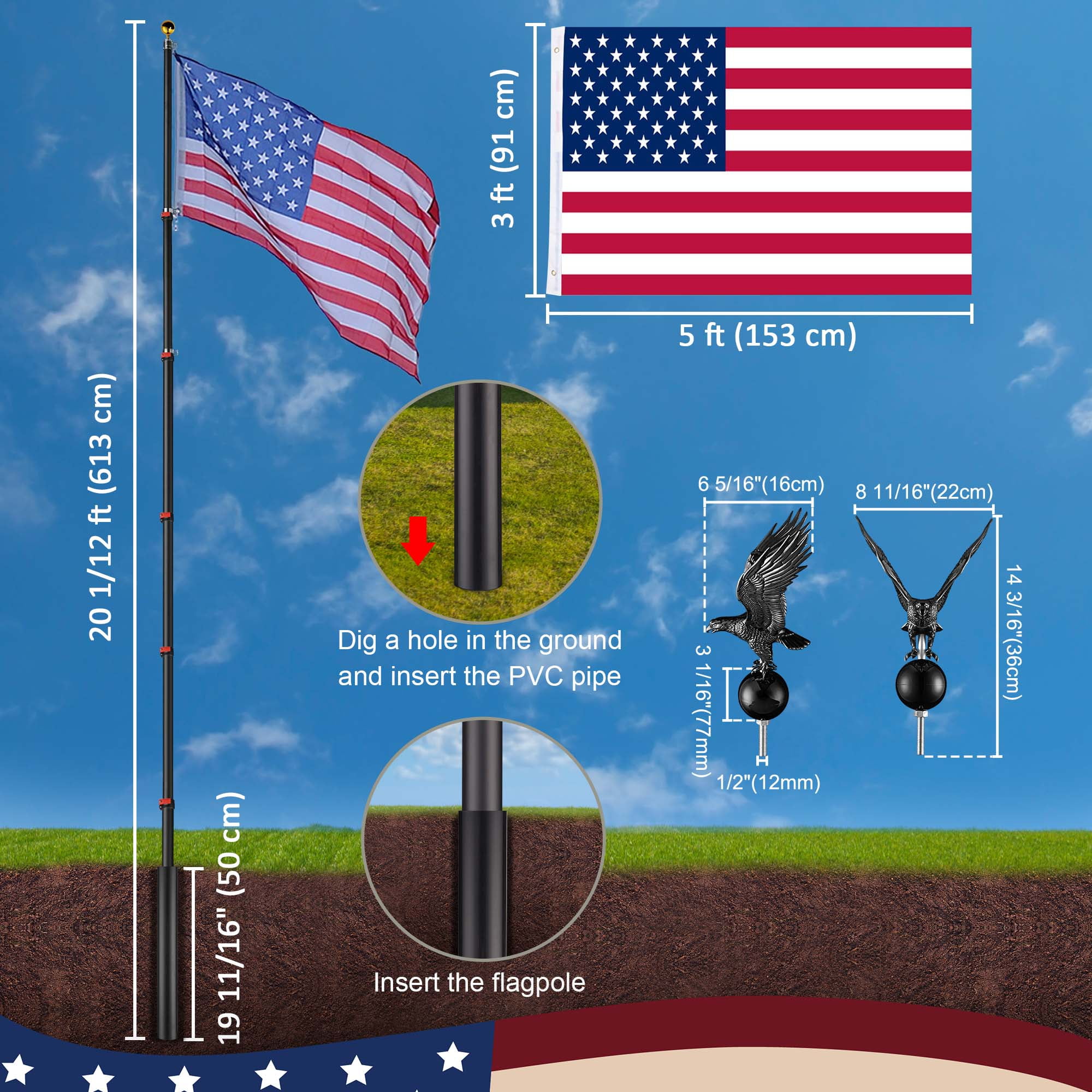 Yescom EZ GO 20ft Eagle Topper Telescopic Flag Pole Kit Upgraded Rotating Lock Outside 3x5' US Flag Ball Final Black