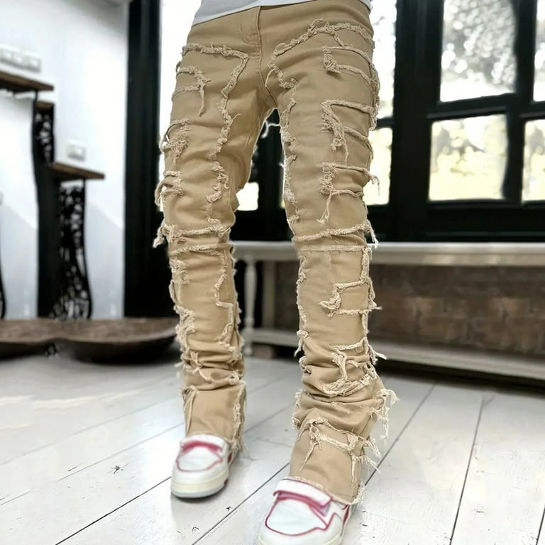 ◆AAKAM◆ Distressed Western Pocket Denim Pants Desert Sand BOBOGOJP Men's Regular Fit Stacked Jeans Patch Distressed